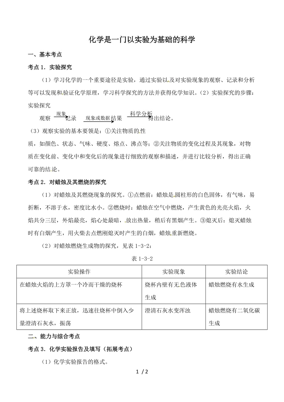 中考化学第一轮复习考点分析：化学是一门以实验为基础的科学_第1页