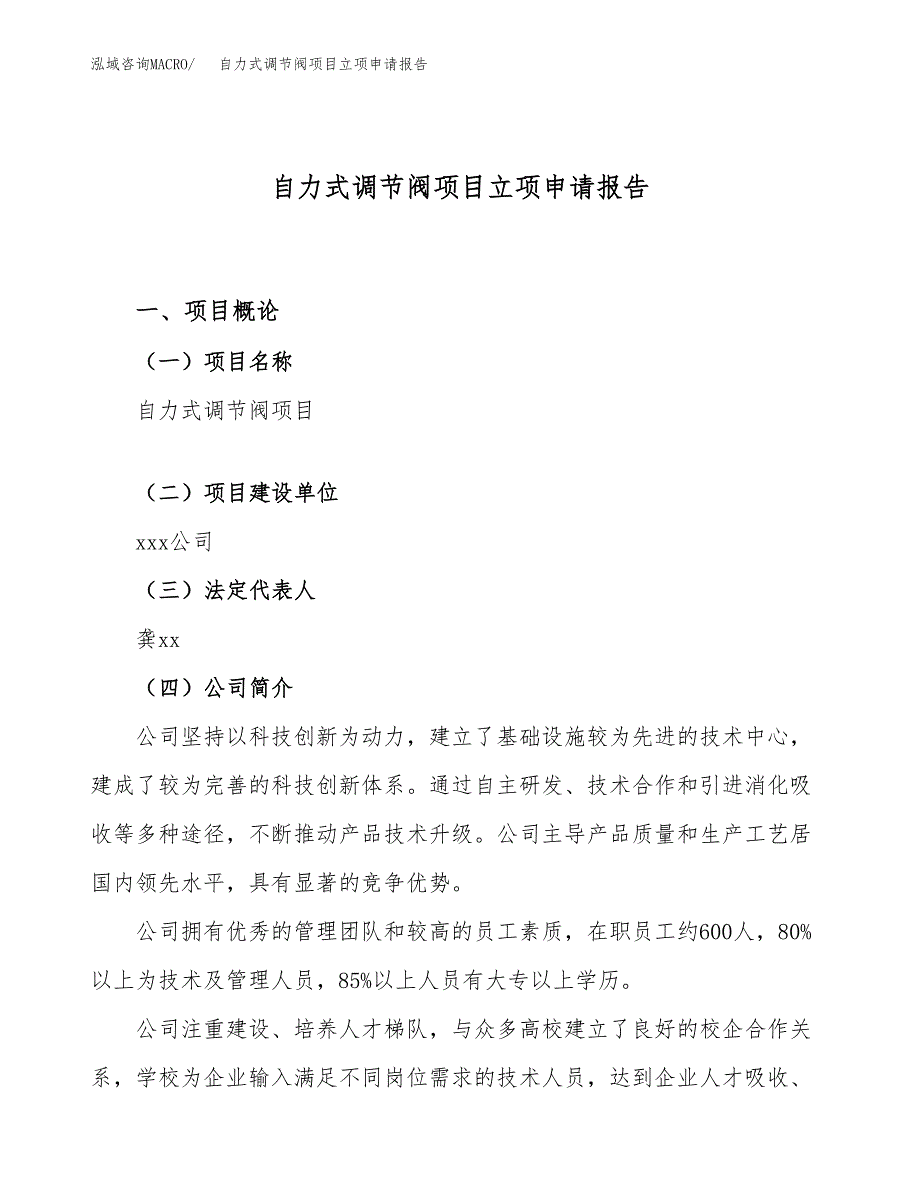 关于建设自力式调节阀项目立项申请报告模板（总投资5000万元）_第1页