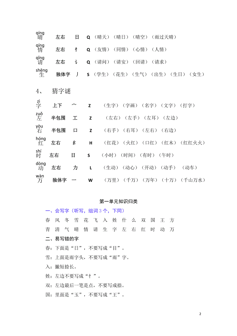 2018年部编版小学一年级语文下册各单元总复习资料(生字组词多音字形近字近反义词日积月累).doc_第2页