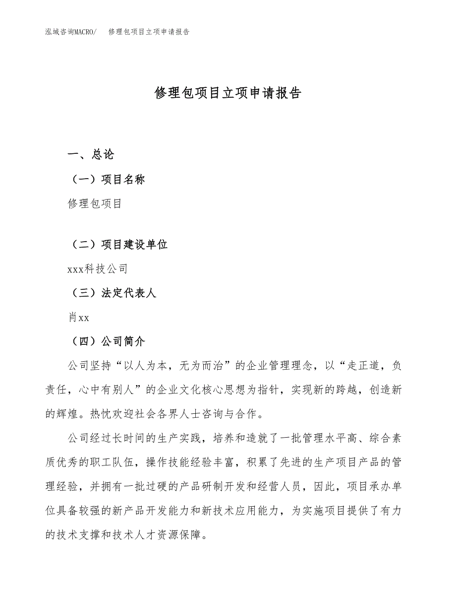 关于建设修理包项目立项申请报告模板（总投资10000万元）_第1页