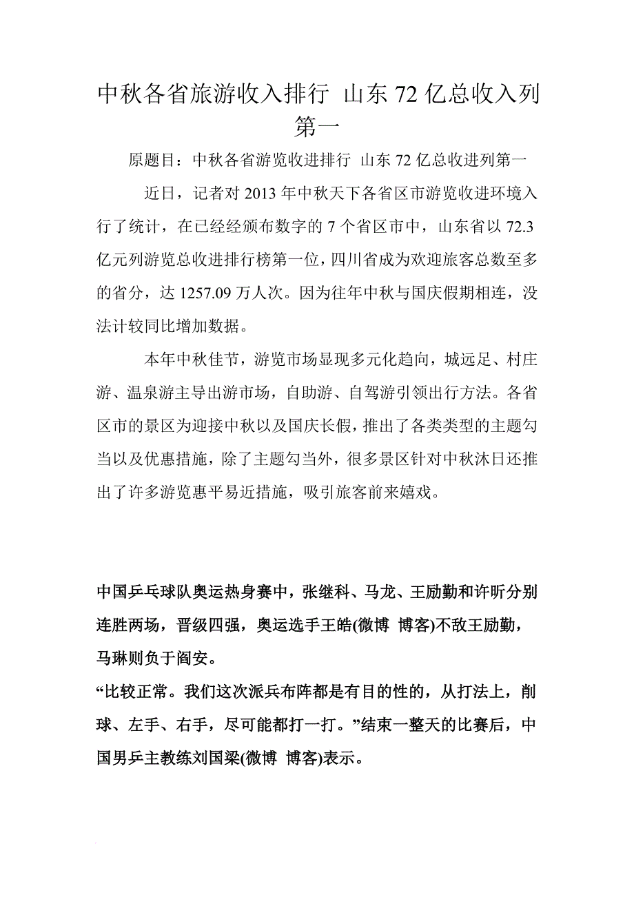 中秋各省旅游收入排行 山东72亿总收入列第一_第1页