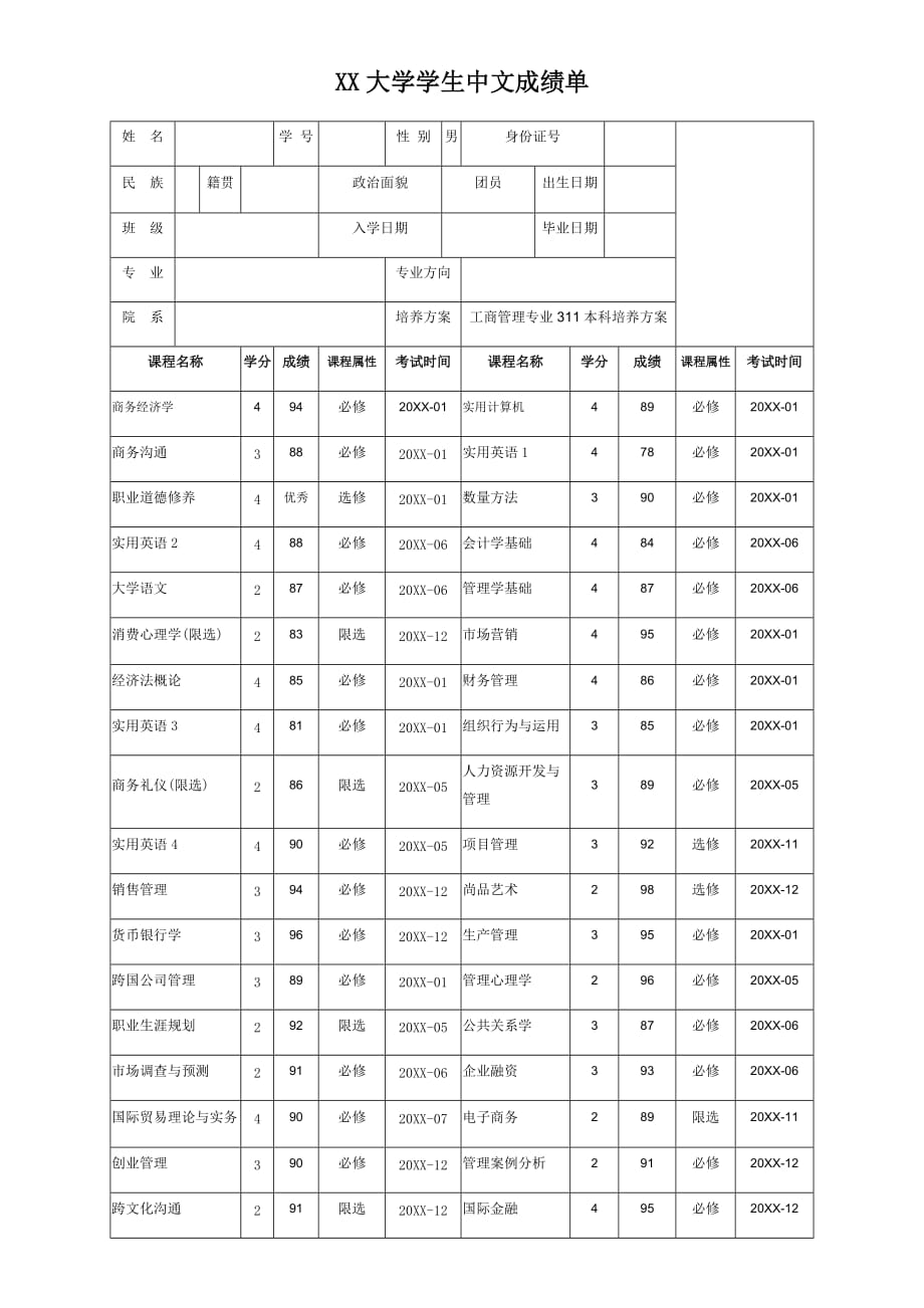 XX大学学生中文成绩单（工商管理专业）_第1页