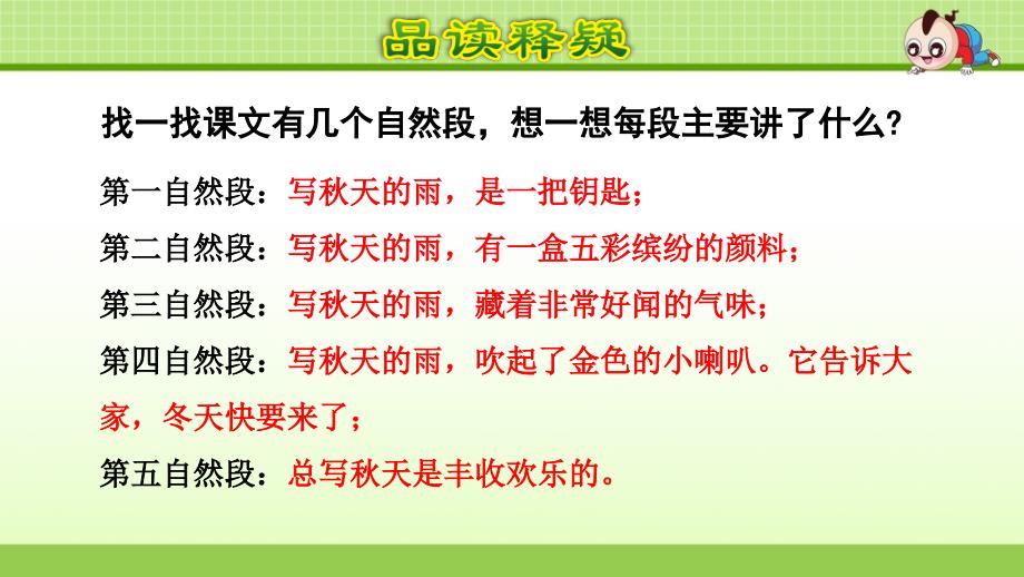 最新2019年部编版小学语文三年级上册第二单元《6.秋天的雨【第2课时】》教学课件PPT_第4页