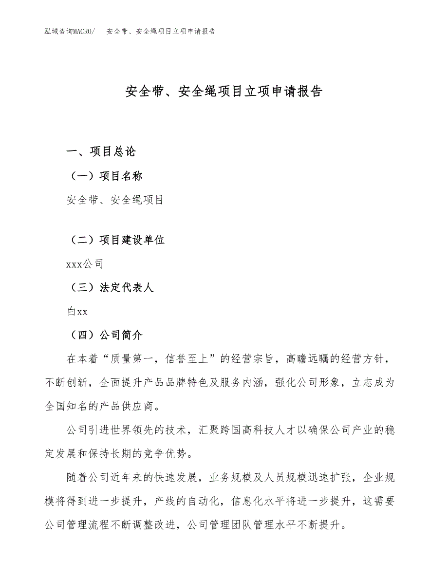 关于建设安全带、安全绳项目立项申请报告模板（总投资3000万元）_第1页