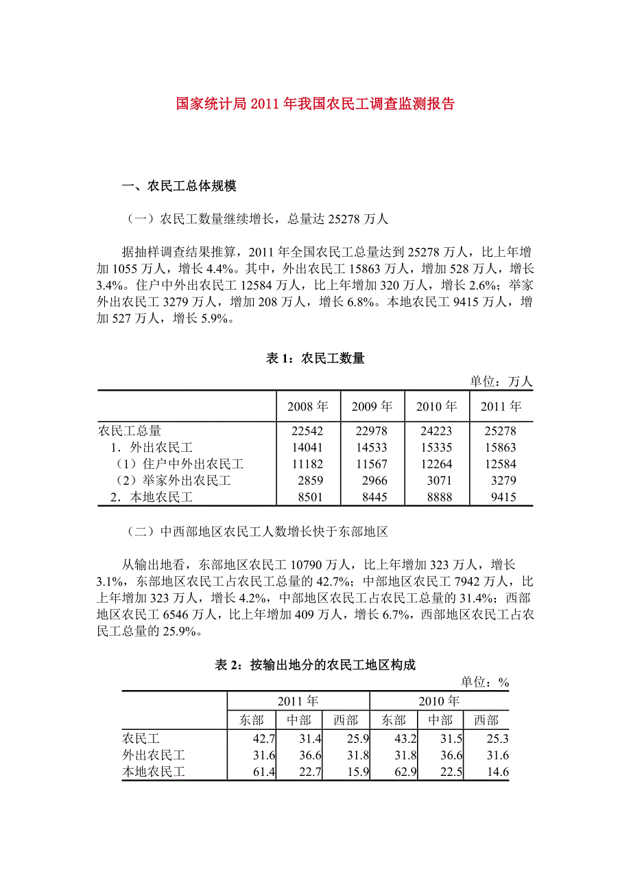 国家统计局2011年我国农民工调查监测报告_第1页