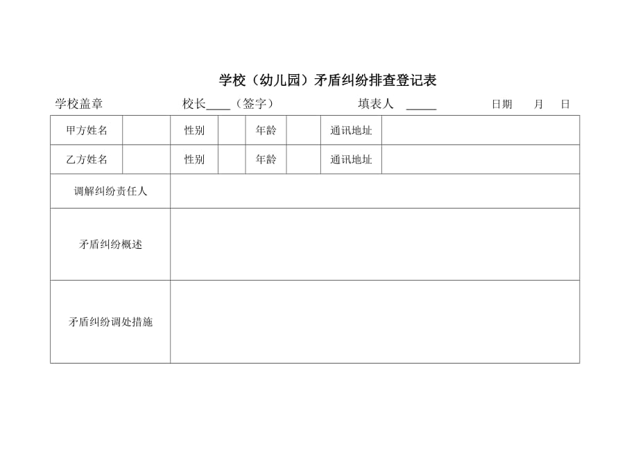 学校（幼儿园）矛盾纠纷排查登记表格_第1页