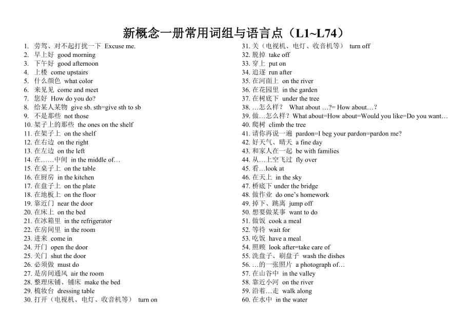 新概念英语一册L1-74-短语总结-(结合初中课本)_第1页