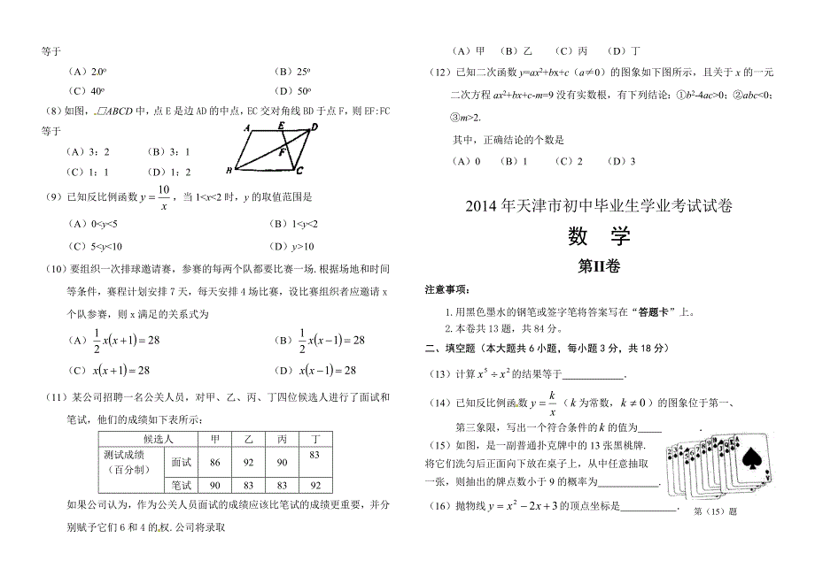 天津市2011-2015历年中考数学真题及答案_第2页