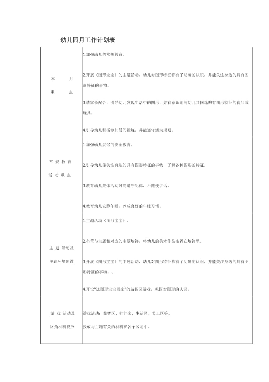 幼儿园月工作计划表及工作安排_第1页