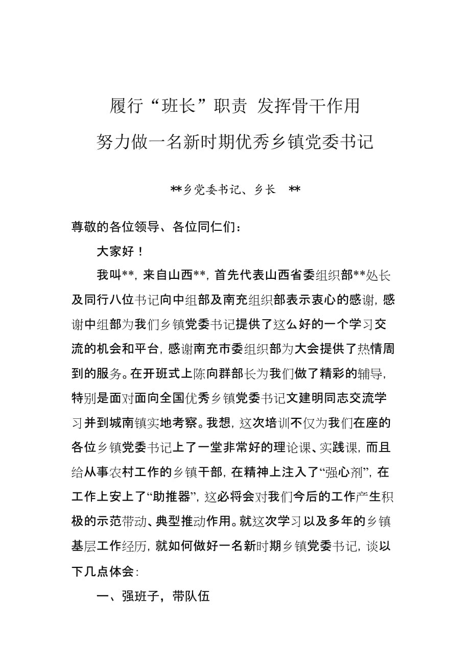 履行班长职责 发挥骨干作用 努力做一名新时期优秀乡镇党委书记(同名40970)_第1页