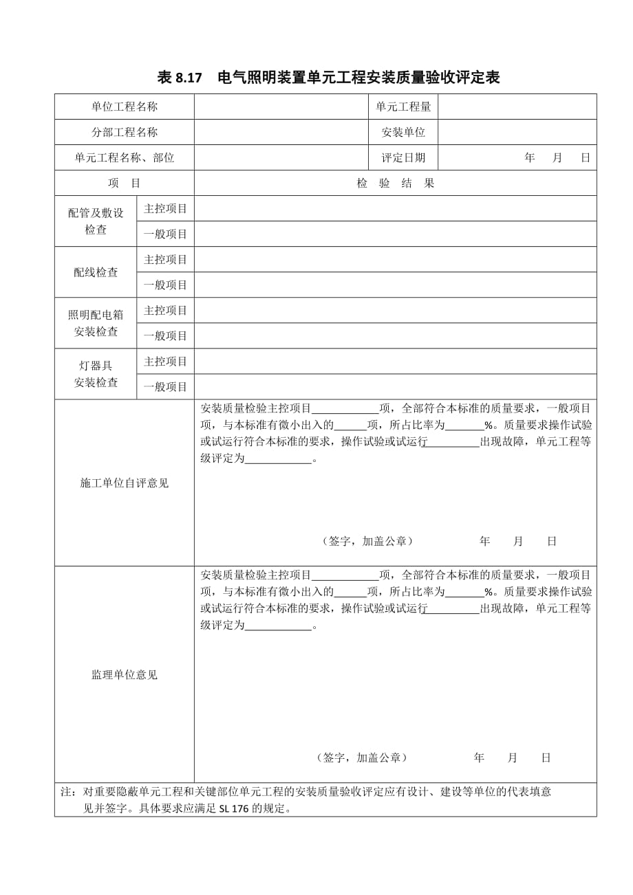 表8.17电气照明装置单元工程安装质量验收评定表_第1页