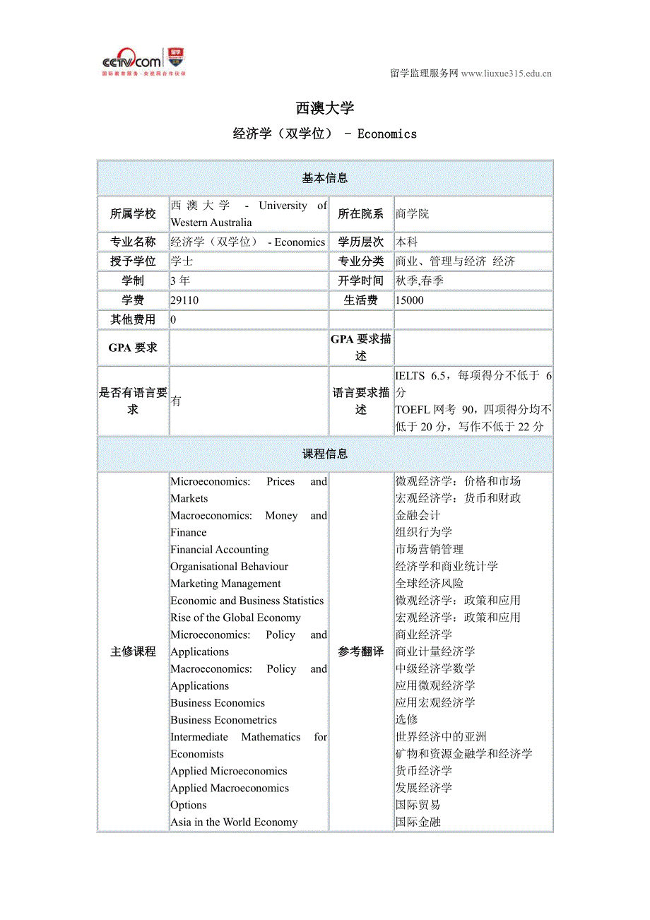 西澳大学经济学双学位本科_第1页