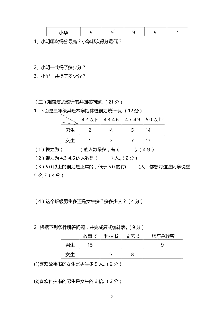 西师版小学四年级数学下册 第八单元《平均数》测试卷（A）_第3页