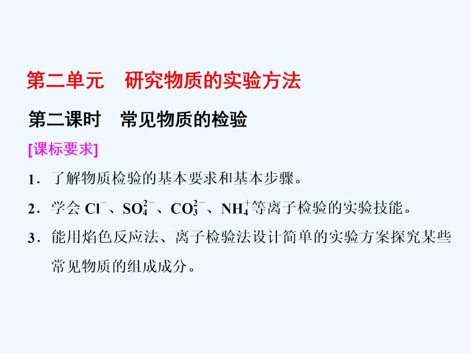 2017-2018高中化学 专题1 化学家眼中的物质世界 第二单元 研究物质的实验方法（第2课时）常见物质的检验 苏教必修1_第1页