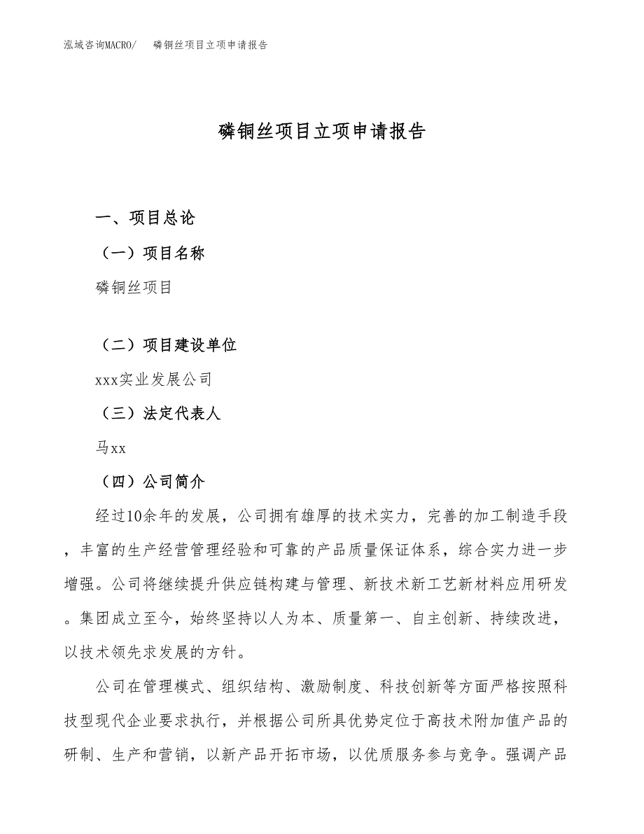 关于建设磷铜丝项目立项申请报告模板（总投资15000万元）_第1页