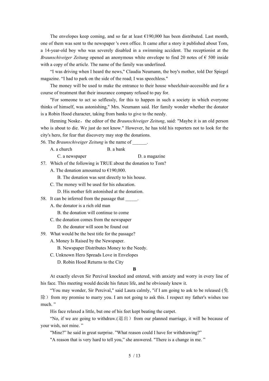 福建省高考英语测验及答案_第5页