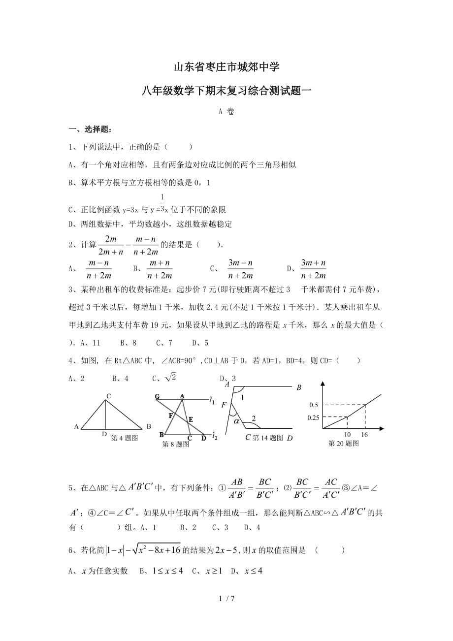 山东枣庄城郊中学八下期末复习综合测试模拟试题一_第1页