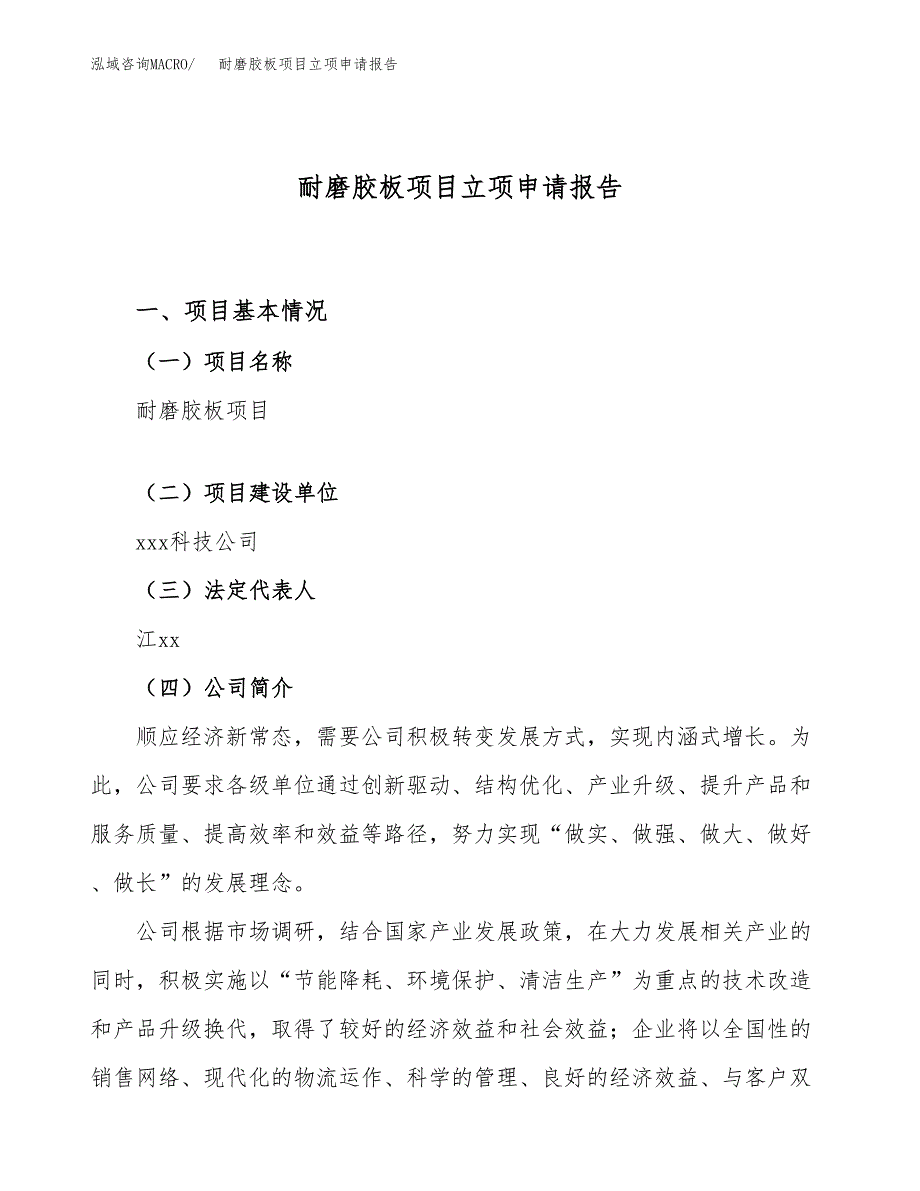 关于建设耐磨胶板项目立项申请报告模板（总投资13000万元） (1)_第1页