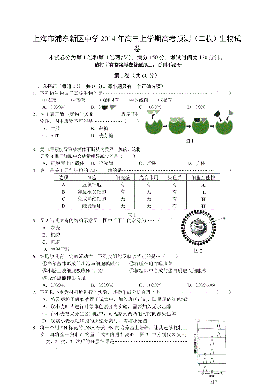 （教育精品）上海市浦东新区中学2014年高三上学期高考预测（二模）生物试卷-1-2_第1页