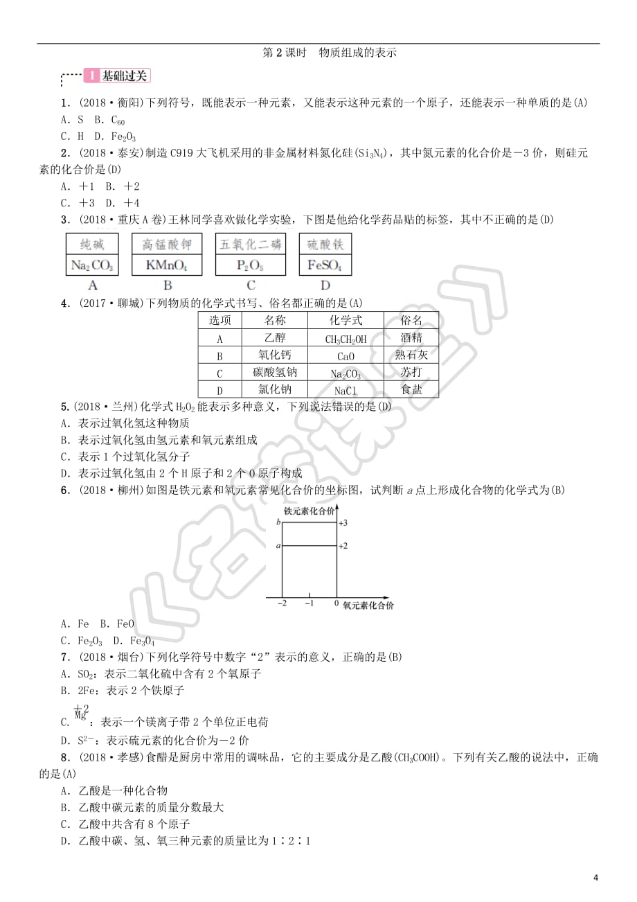 2019年中考化学总复习教材考点梳理 第四单元 我们周围的空气 第2课时 物质组成的表示练习 鲁教版_第4页