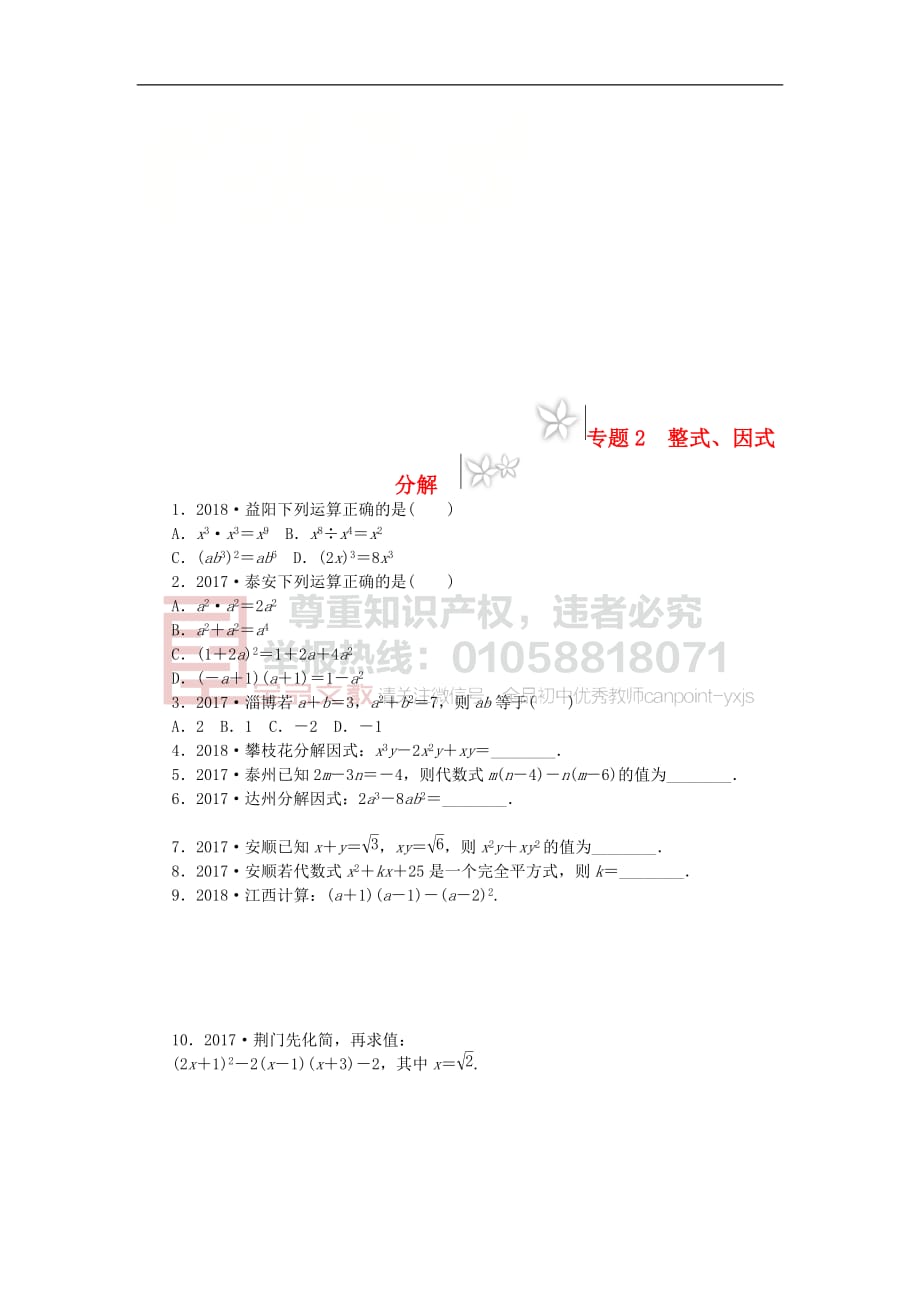 2019年中考数学专题复习小训练专题2 整式、因式分解_第1页