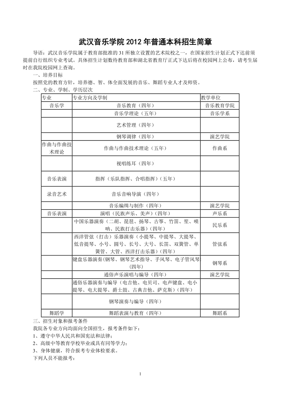 武汉音乐学院2012年普通本科招生简章_第1页