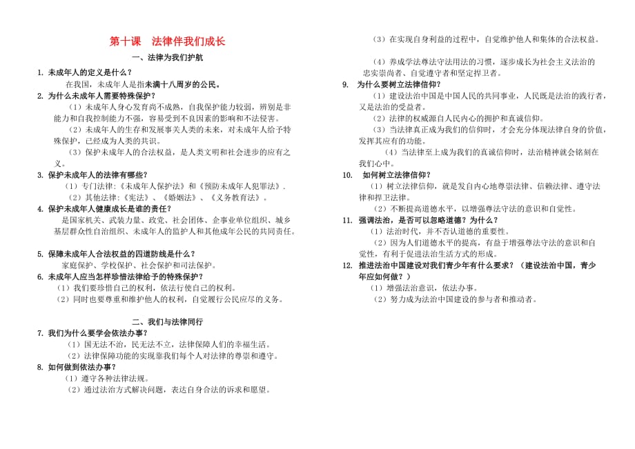 2019春七年级道德与法治下册知识总结专题 第十课 法律伴我们成长素材 新人教版_第1页