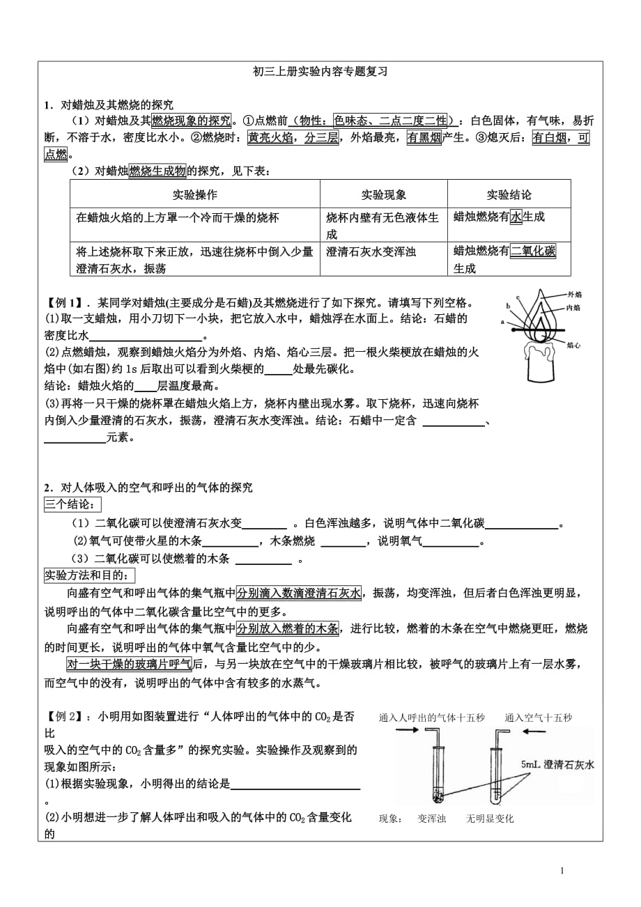 初三化学上册实验内容的专题复习[1]_第1页