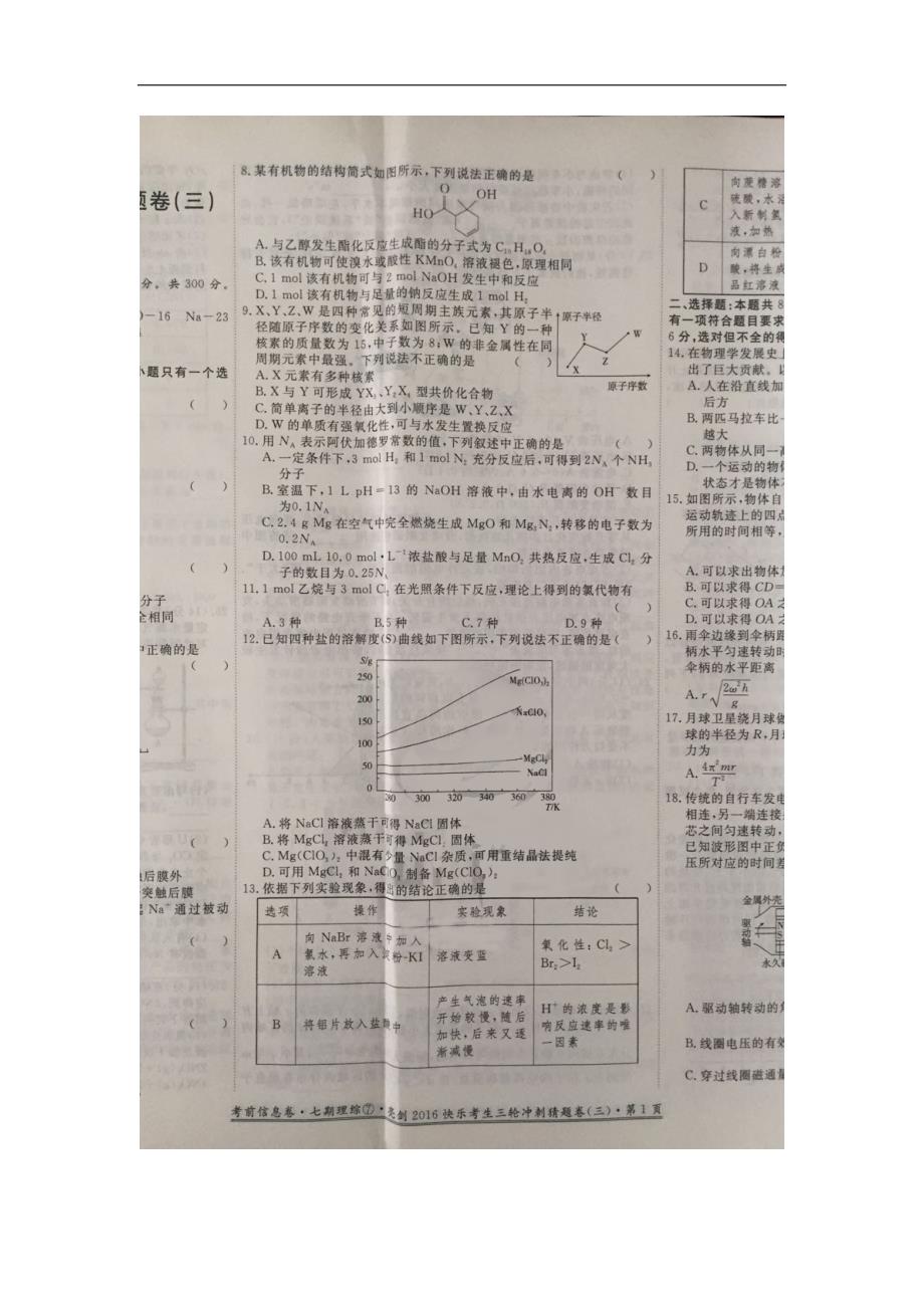 2016学学年高三（亮剑&amp#183;快乐考生）三轮冲刺猜题（三）理科综合试题（附答案）$6843.doc_第2页