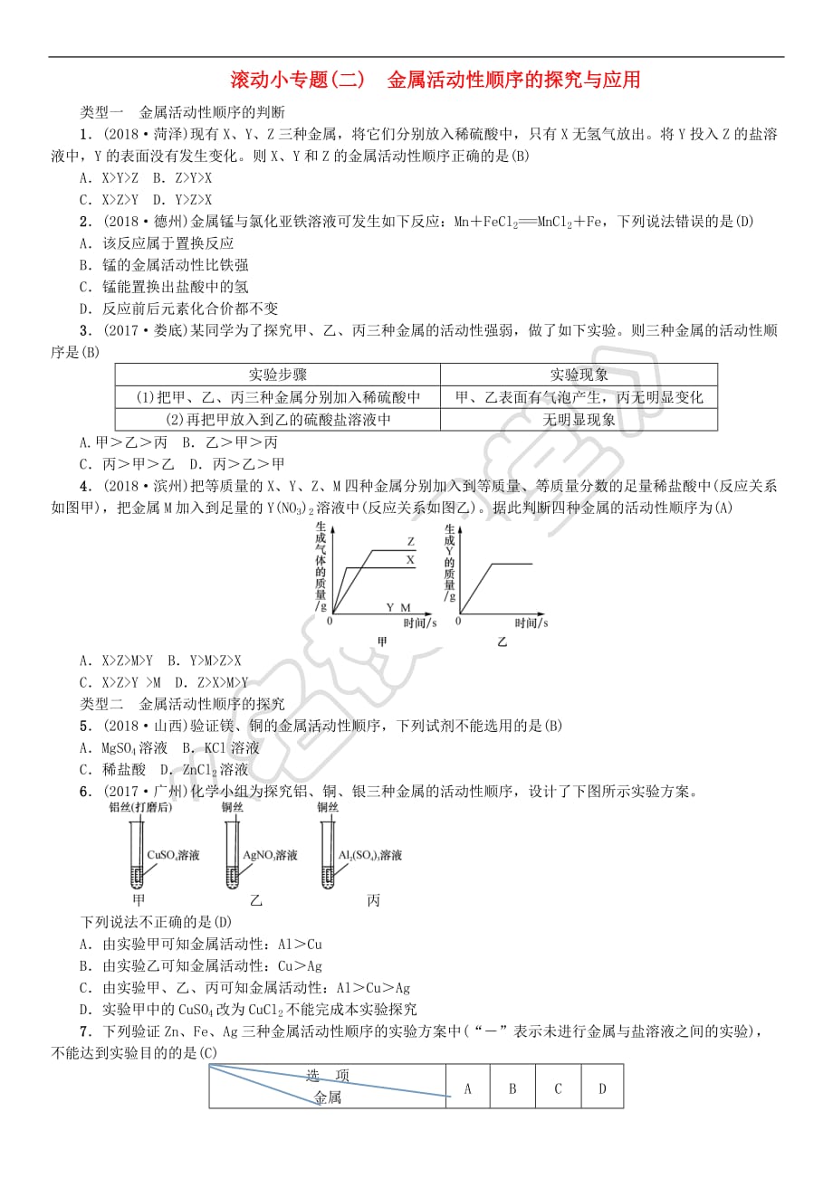 2019年中考化学复习滚动小专题（二）金属活动性顺序的探究与应用专题练习_第1页