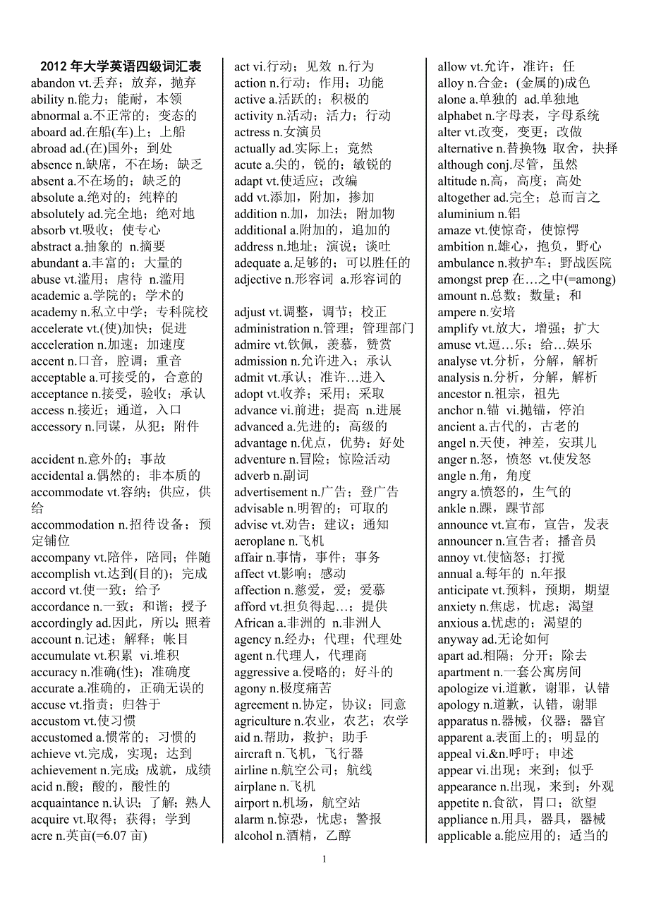 2013年大学英语四级词汇(新大纲_下载)_第1页