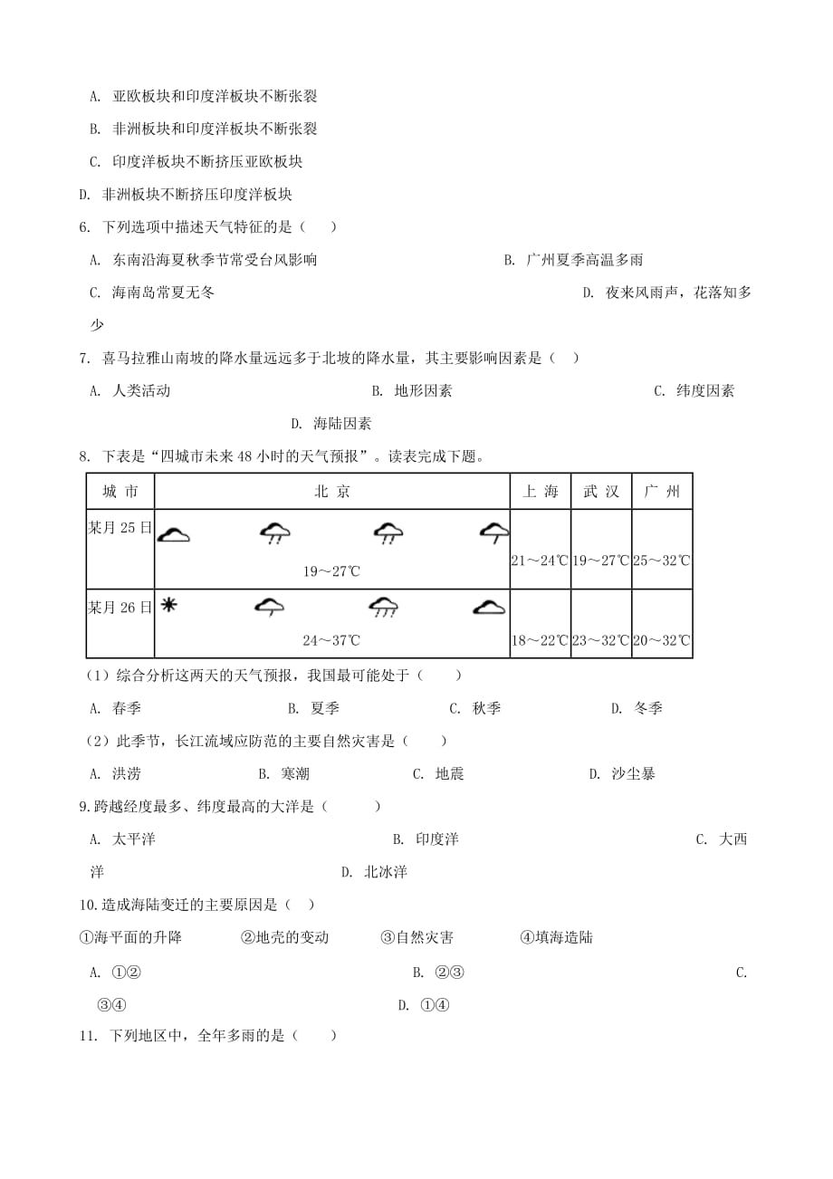 2019年中考地理自然地理复习题（无答案)_第2页