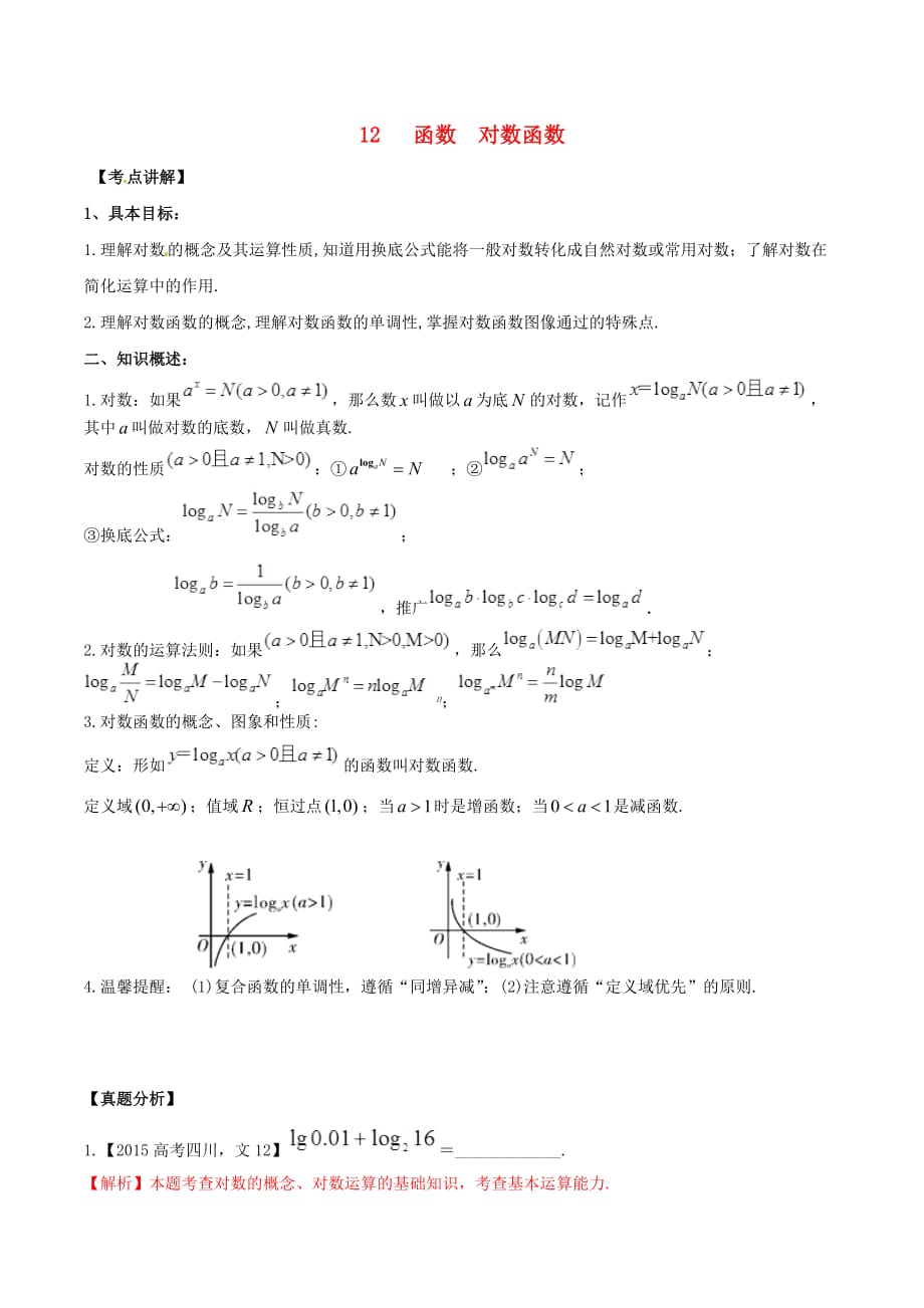 2019年高考数学高频考点名师揭秘与仿真测试 专题12 函数 对数函数 理_第1页