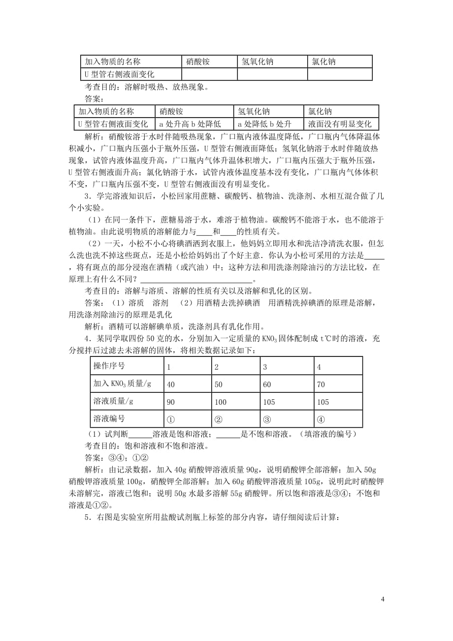 2015年山东省乐陵市化楼中学九年级化学下册 第九单元 溶液综合测试题（A卷含解析） .doc_第4页