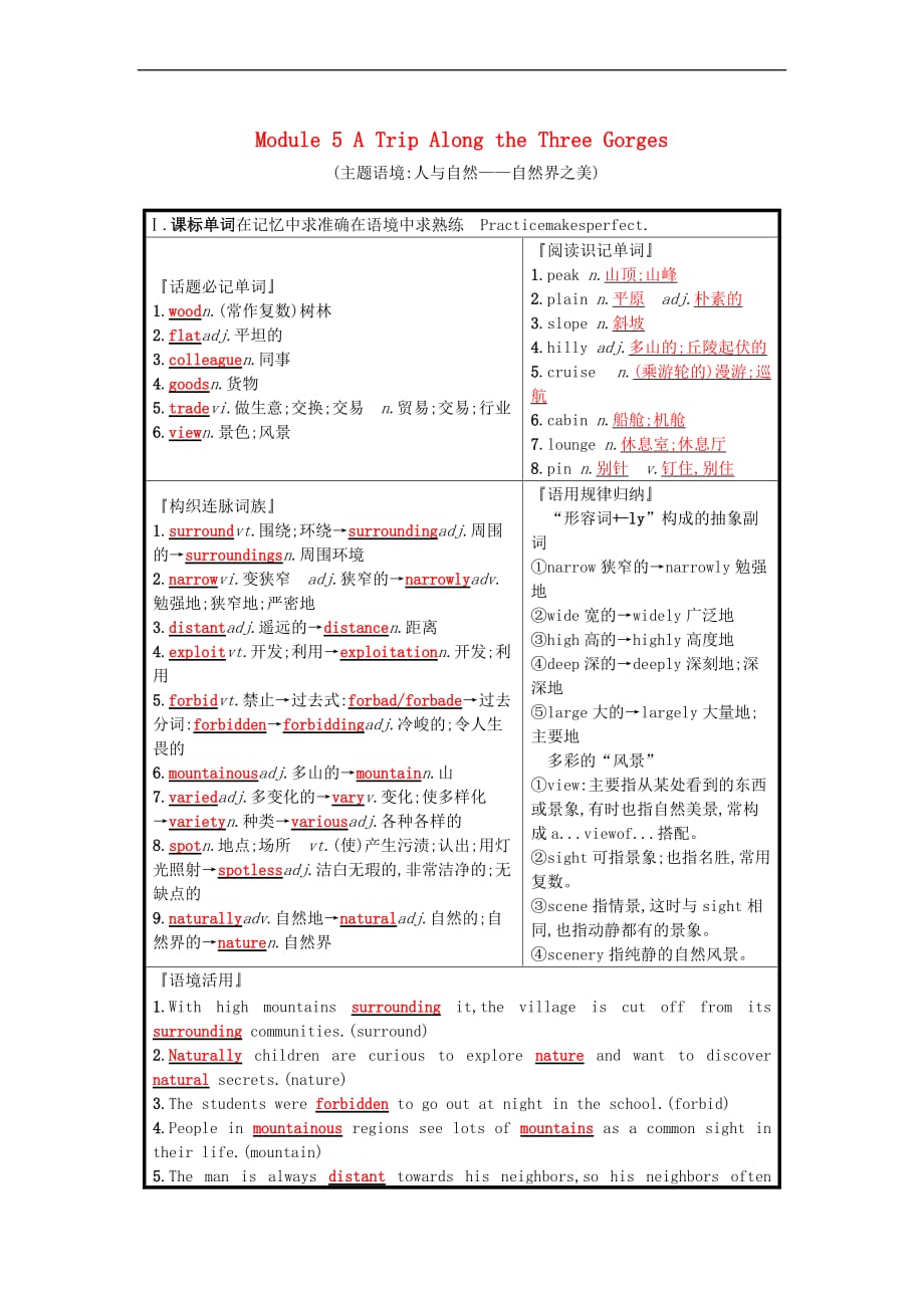 2019版高考英语一轮复习 Module 5 A Trip Along the Three Gorges预习案 外研版必修4_第1页