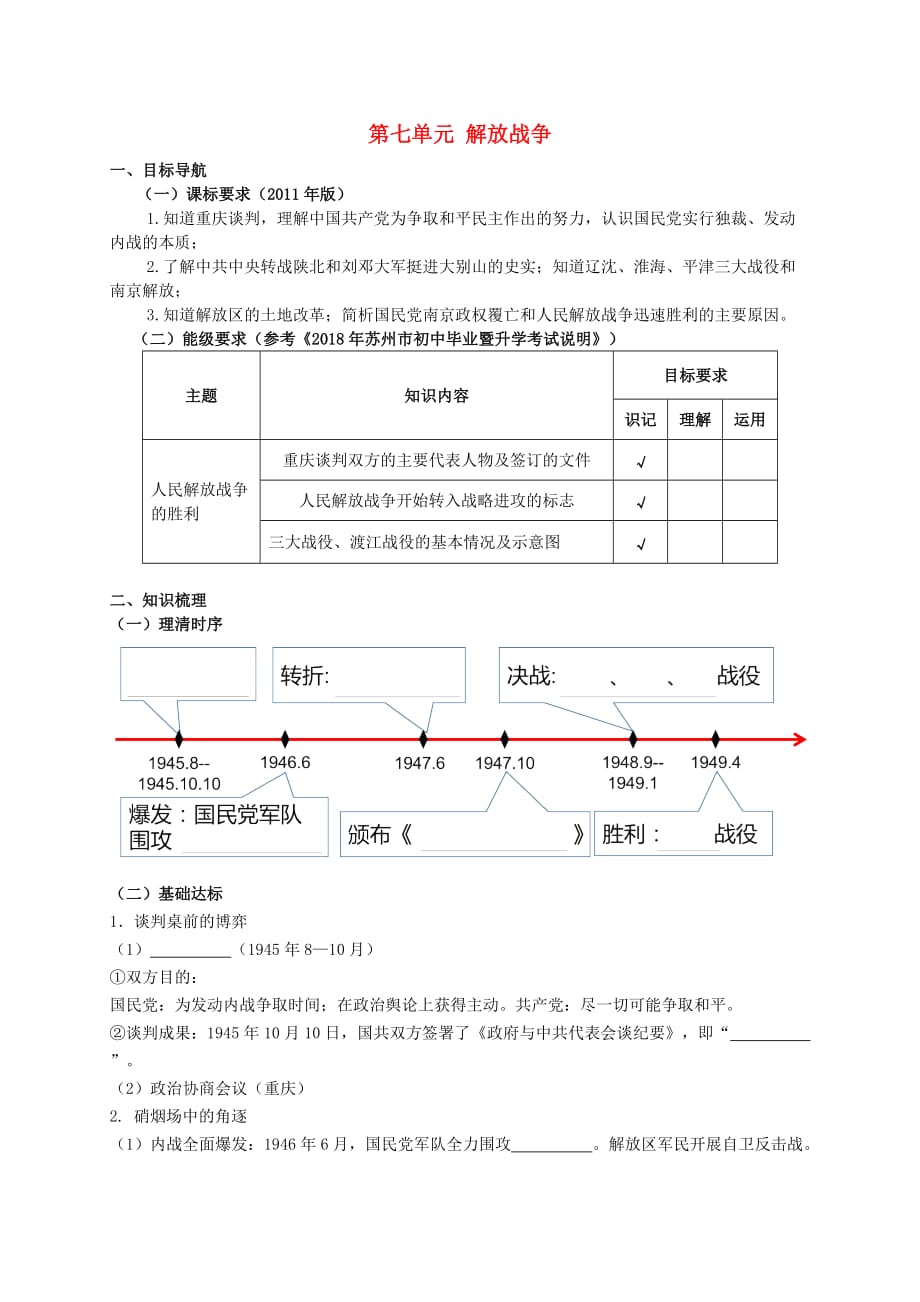 2019年中考历史一轮复习解放战争学案（无答案）_第1页