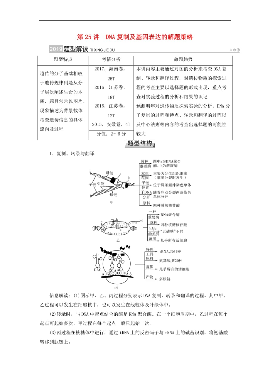 2019版高考生物大一轮复习 第25讲 DNA复制及基因表达的解题策略考题集萃实战演练_第1页