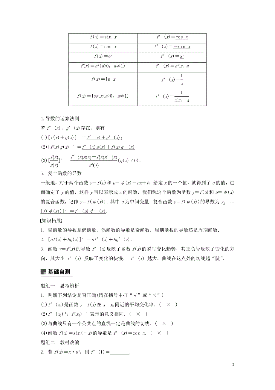 2019届高考数学大一轮复习第三章 导数及其应用 3.1 导数的概念及运算学案 理 北师大版_第2页