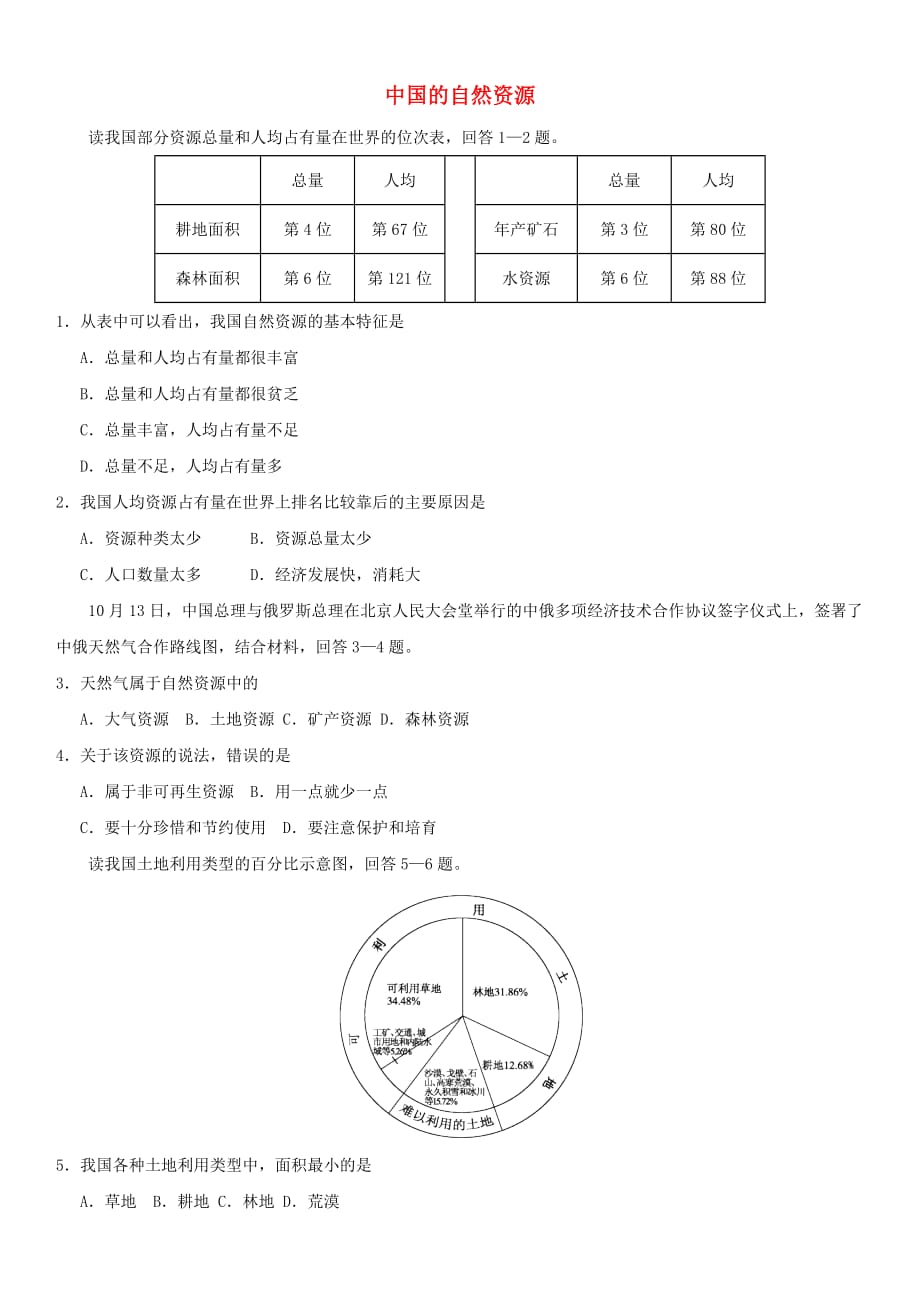 2019年中考地理中国的自然资源重要考点练习卷_第1页