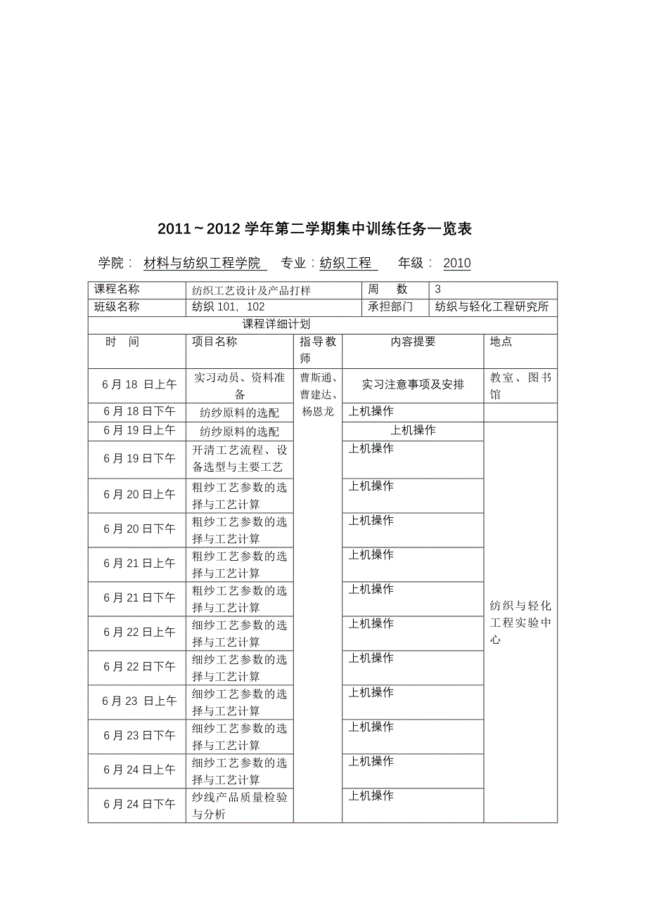 纺织工程及非织造工程2012学年第二学期集中训练任_第3页