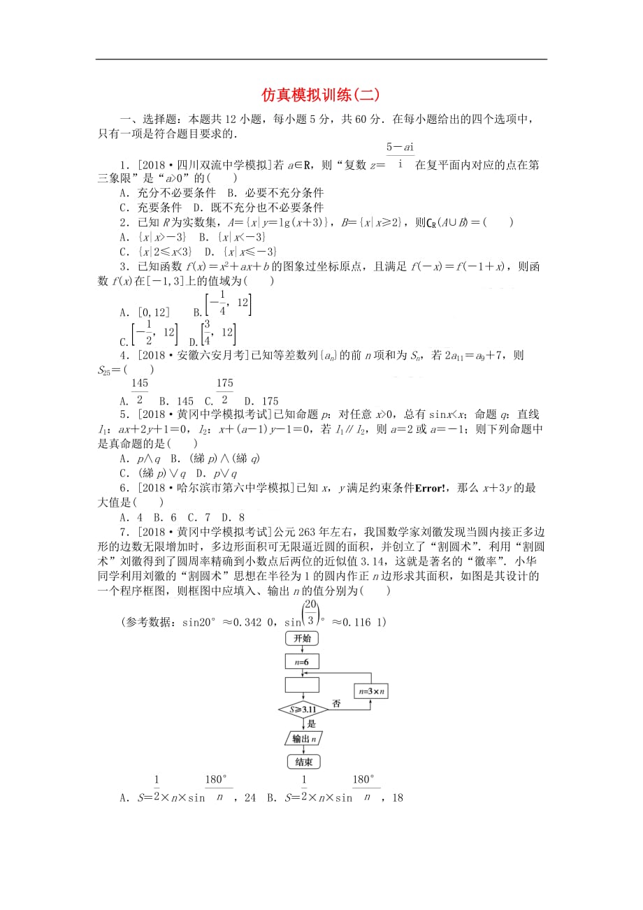 2019高考数学二轮复习 仿真模拟训练（二）文_第1页