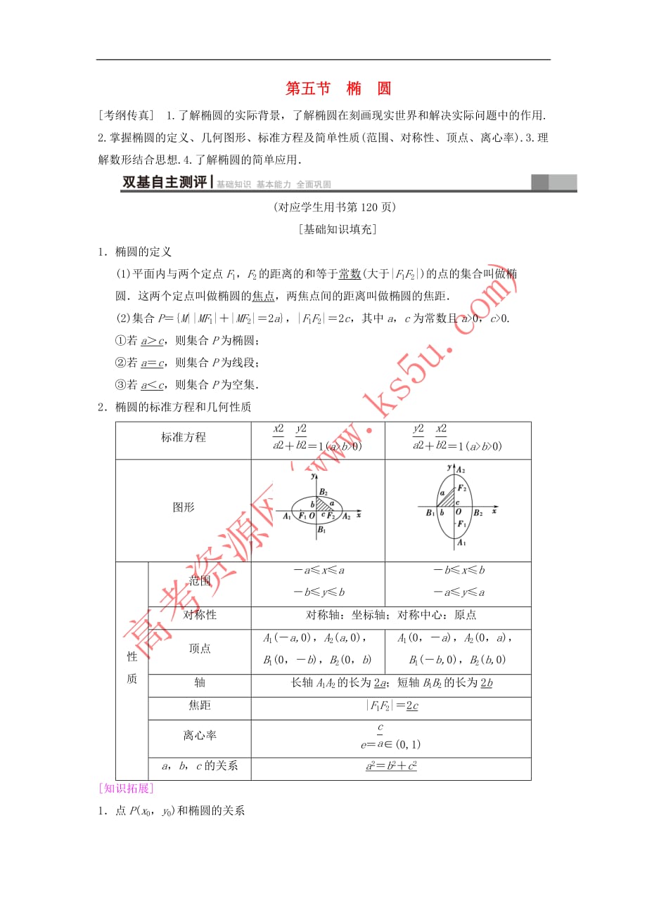 2019年高考数学一轮复习第8章 平面解析几何 第5节 椭圆学案 文 北师大版_第1页