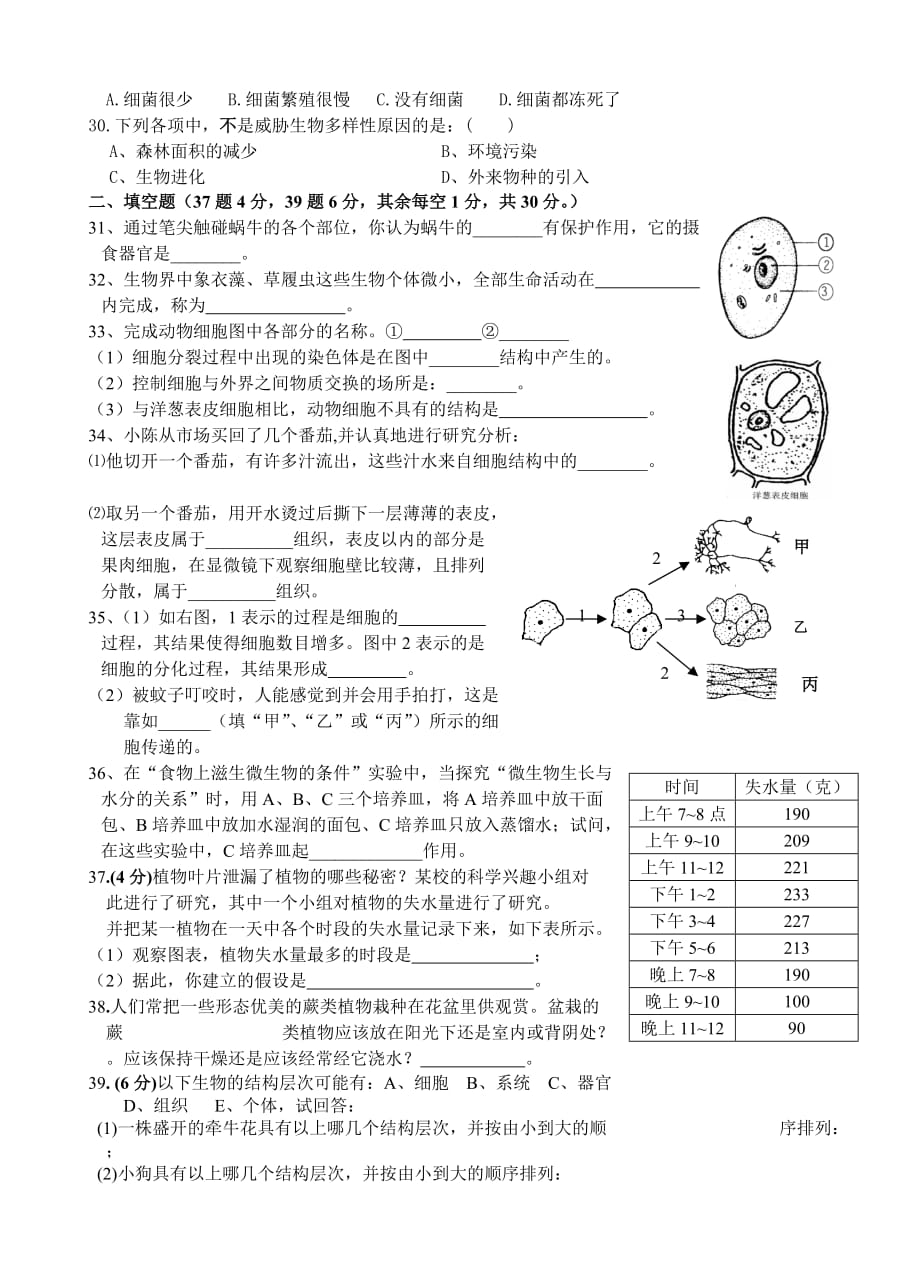 育英学校七上科学第二章测试卷_第3页