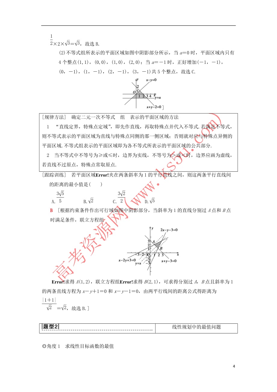 2019年高考数学一轮复习第6章 不等式、推理与证明 第3节 二元一次不等式（组）与简单的线性规划问题学案 理 北师大版_第4页