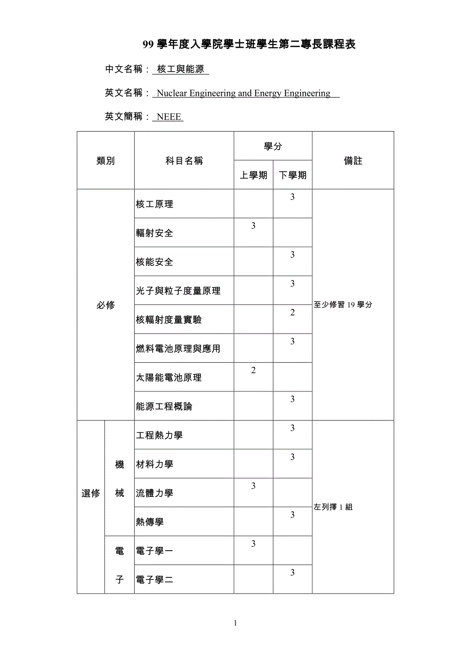 99学年度入学院学士班学生第二专长课程表new_第1页