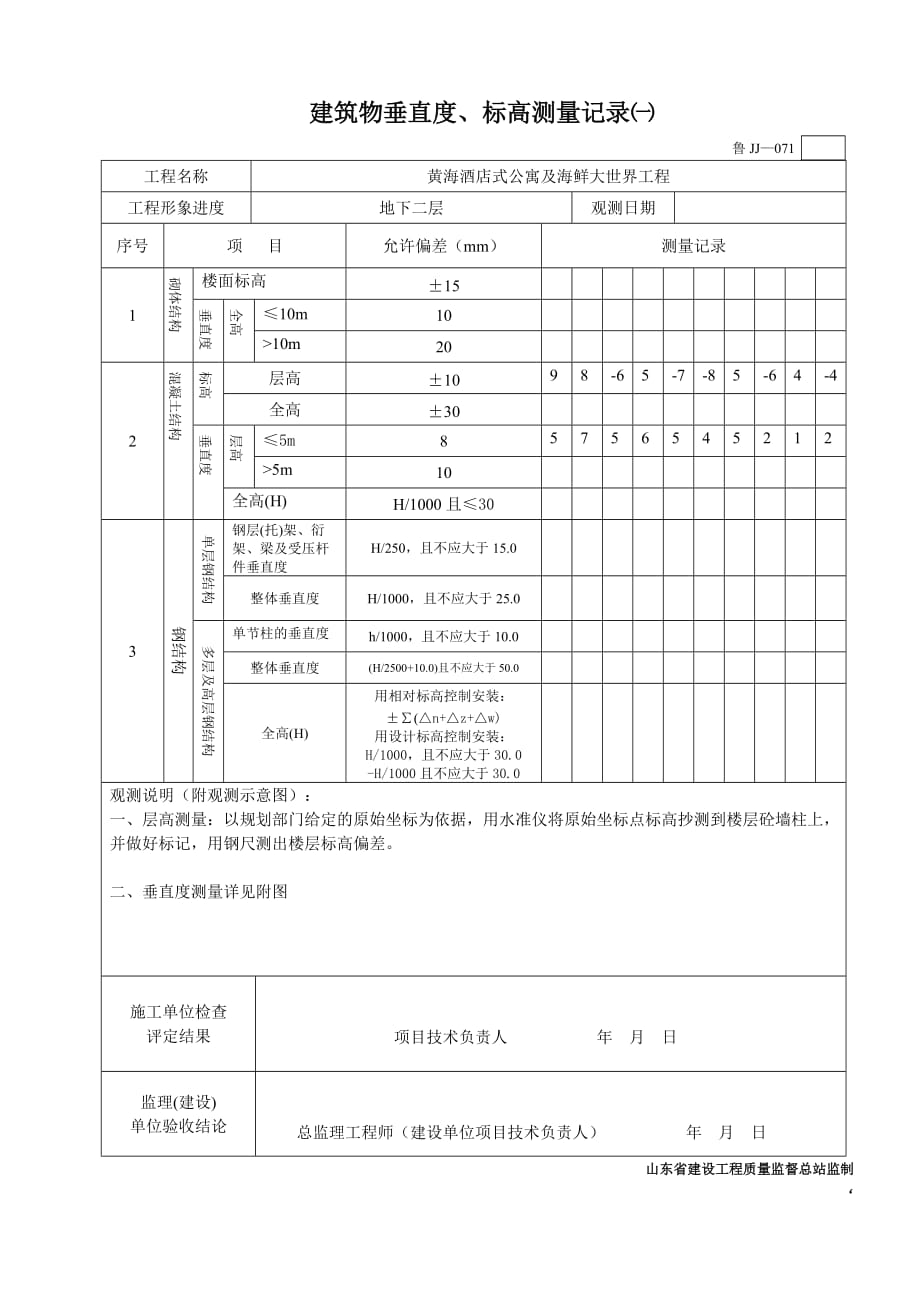 鲁JJ—071建筑物垂直度、标高测量记录一_第3页