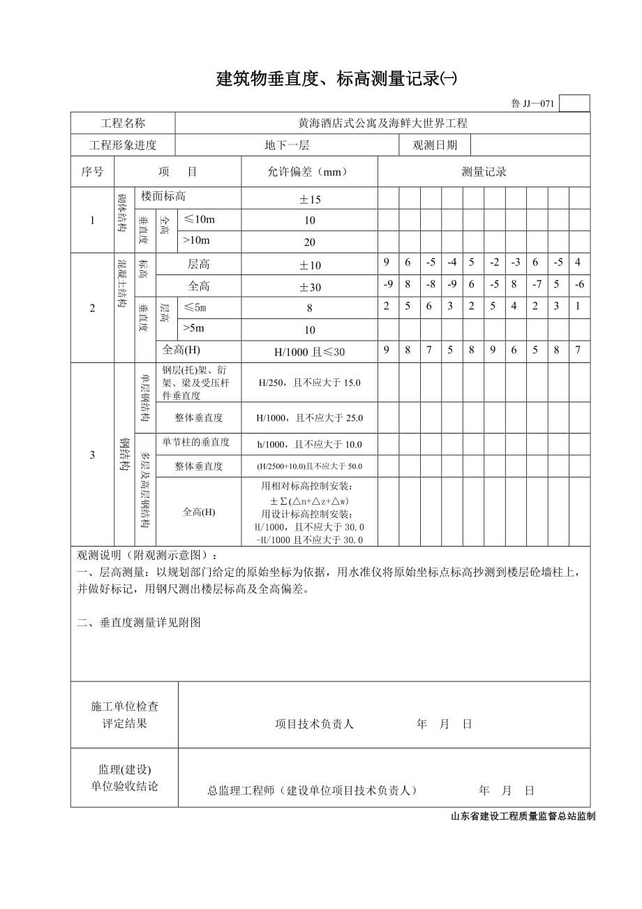 鲁JJ—071建筑物垂直度、标高测量记录一_第4页