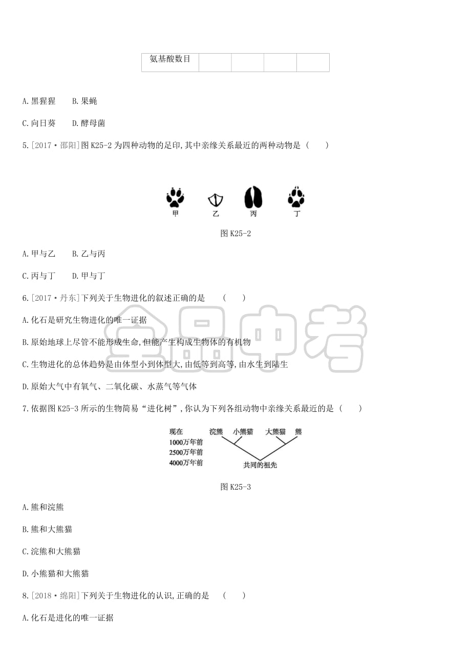 2019年中考生物专题复习六 生命的延续 发展和健康地生活 课时训练25 生命起源和生物进化 新人教版_第2页