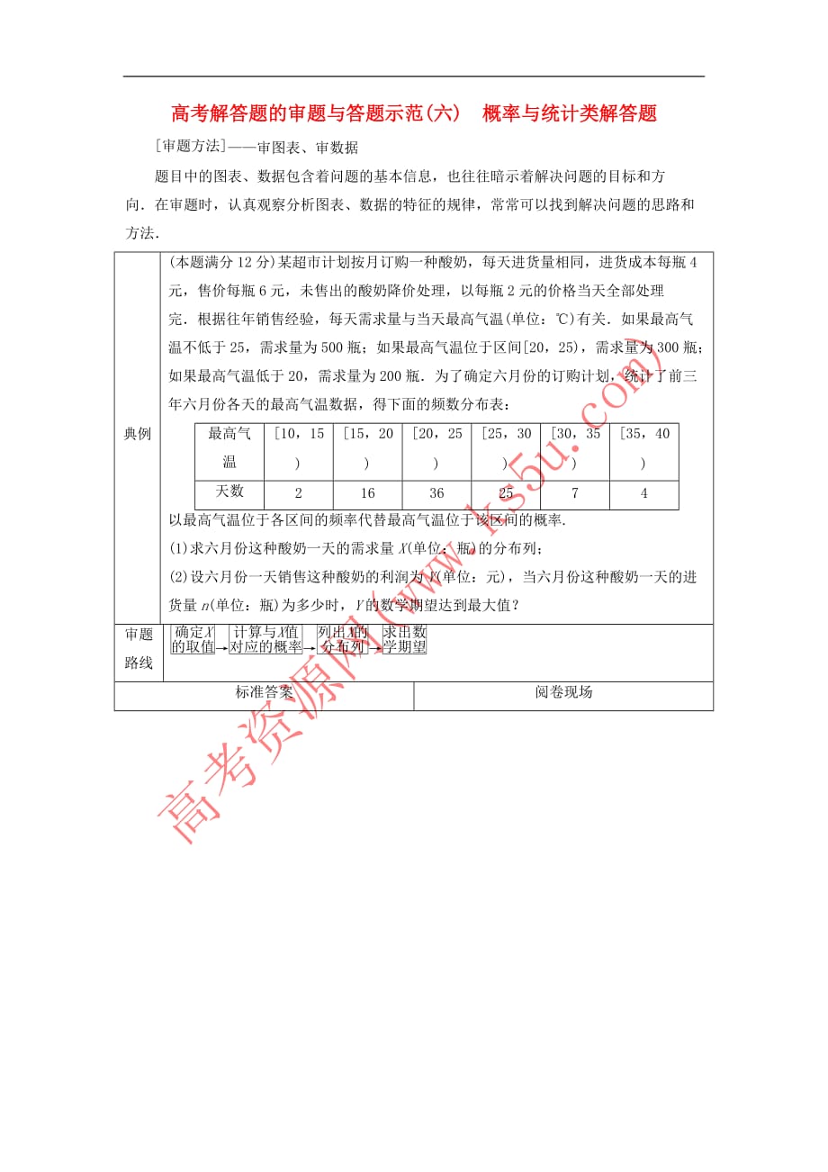 2019届高考数学二轮复习第二部分 突破热点 分层教学 专项二 专题六 3 高考解答题的审题与答题示范（六） 概率与统计类解答题学案_第1页