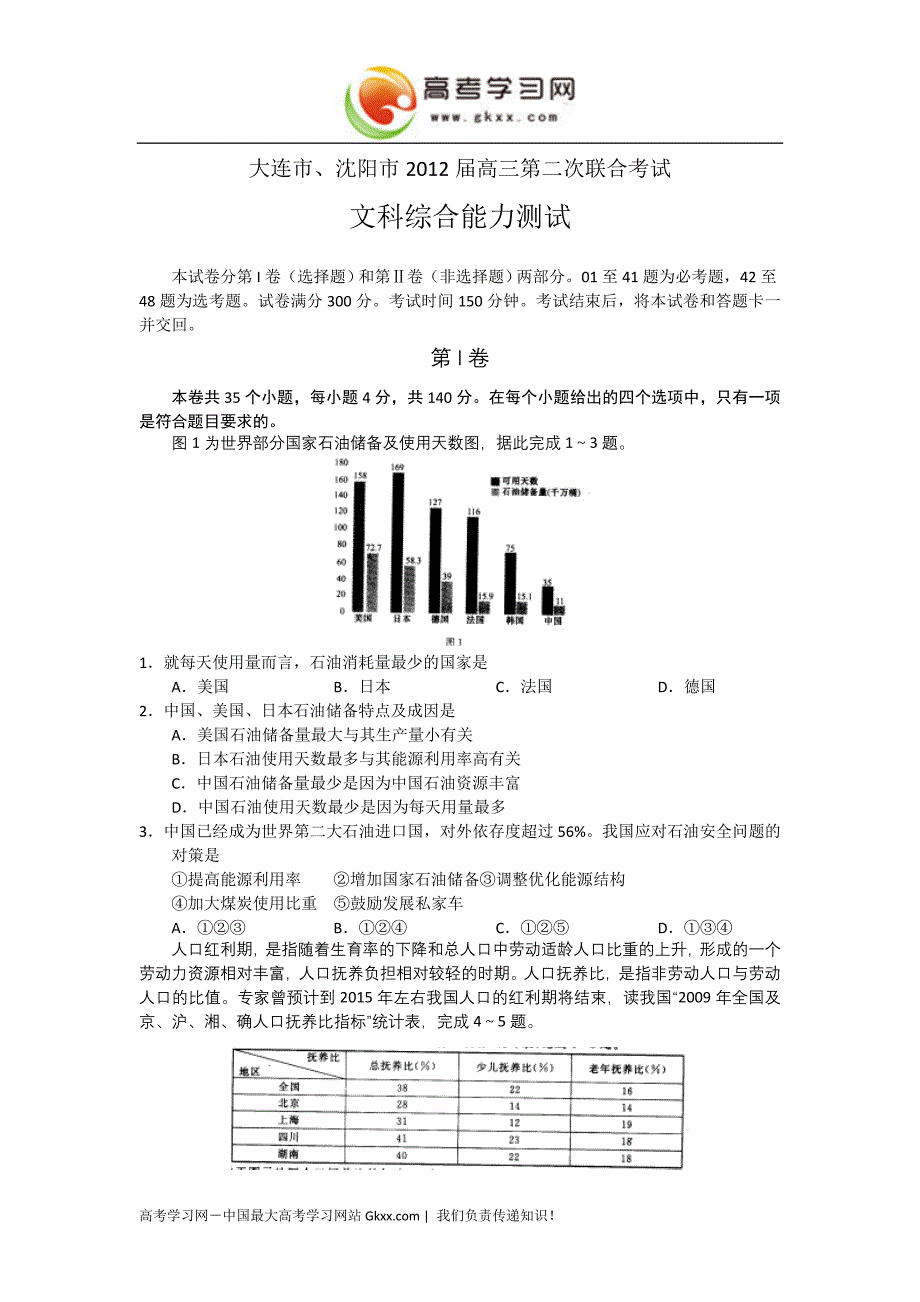 辽宁省大连市、沈阳市2012届高三第二次联合考试文综_第1页